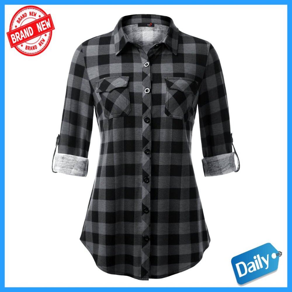 Soft Stretchy Plaid Button Down Blouse Long Sleeve Roll Up Casual Chic